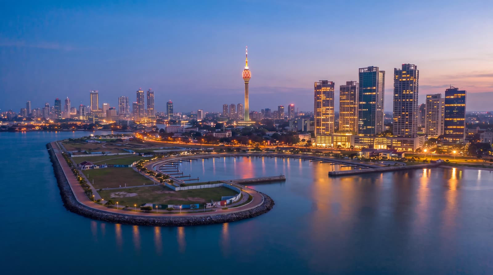Colombo at dusk, the Lotus Tower and the harbour lit up