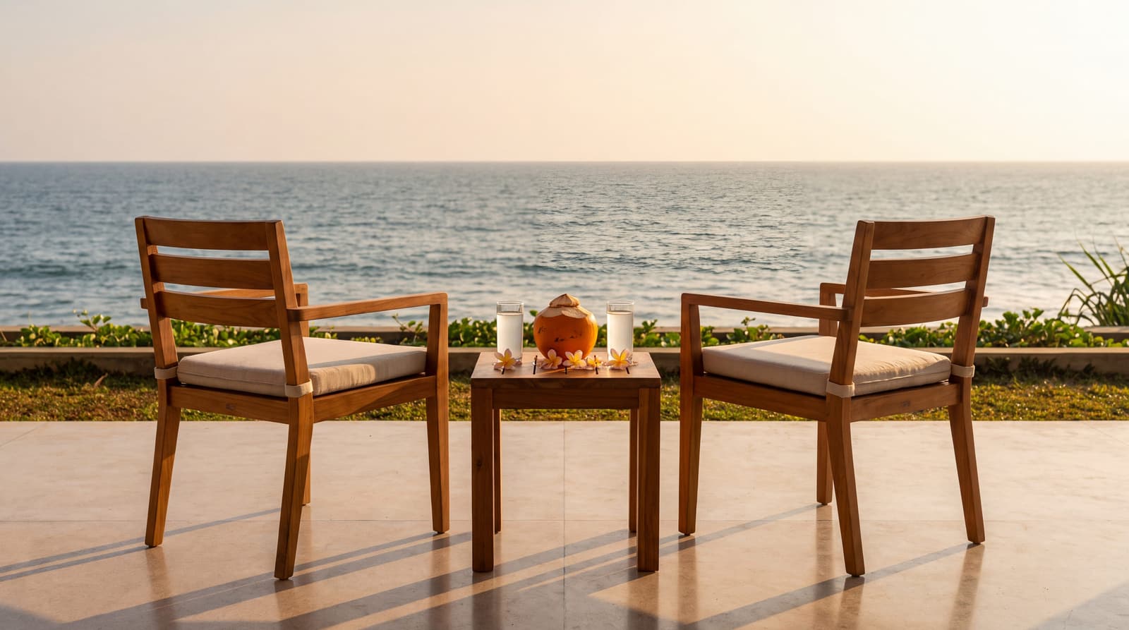 2 teak chairs on a terrace facing the sea at sunset