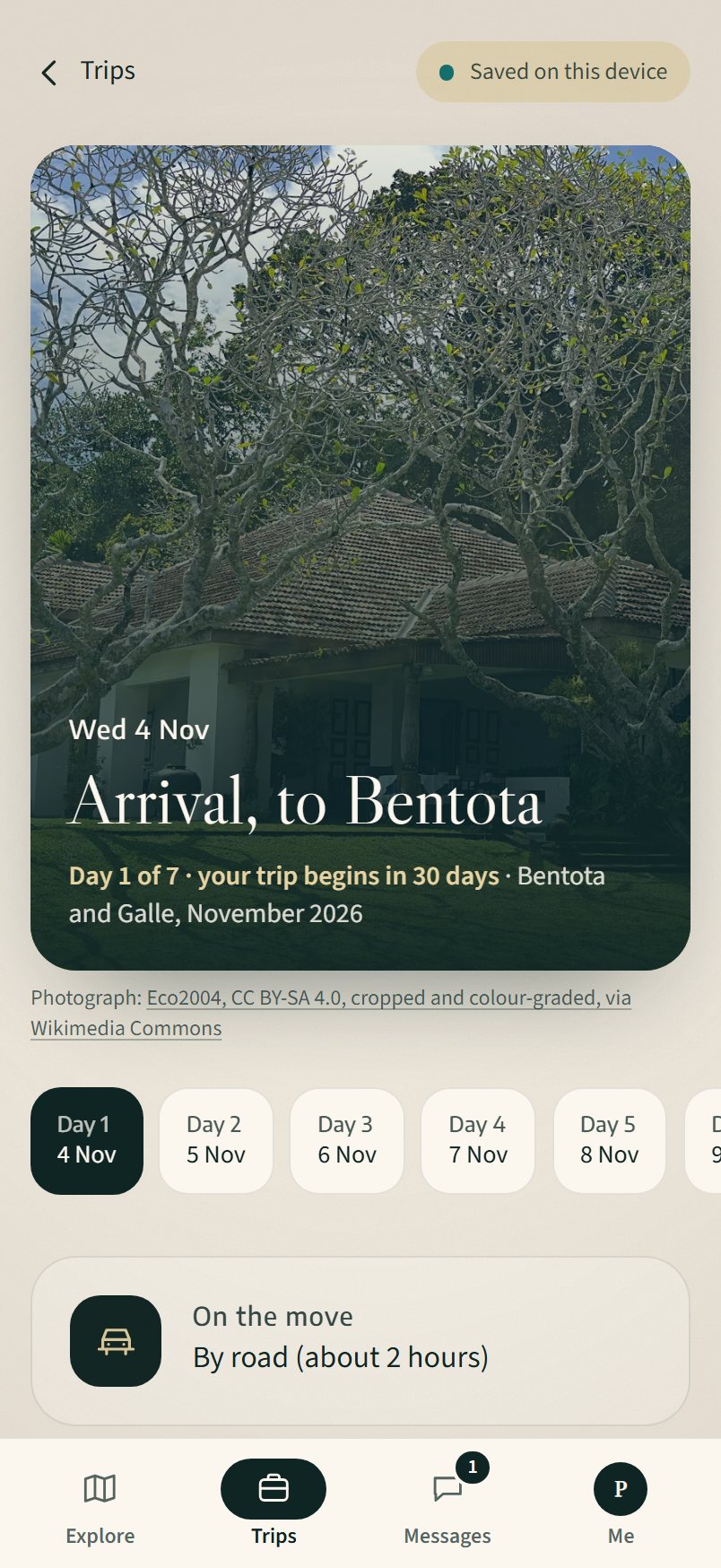 The Ceylon Envoy guest app's Today screen: the day's place, the day's plan by date, and how the day is travelled